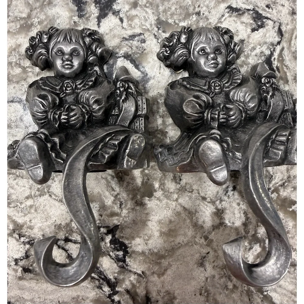 2 Carson Pewter Doll Christmas Stocking Hook Hangers Mantle Holiday Decor VTG